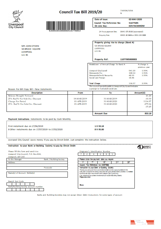 United Kingdom Liverpool City Council tax bill template in Word format